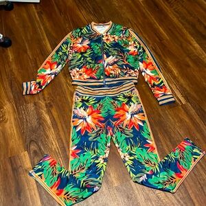 Two Piece Zipper Jogging Suit Tropical Design